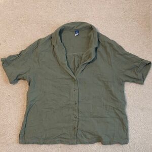 Green Cotton Short Sleeve Button-Up Shirt